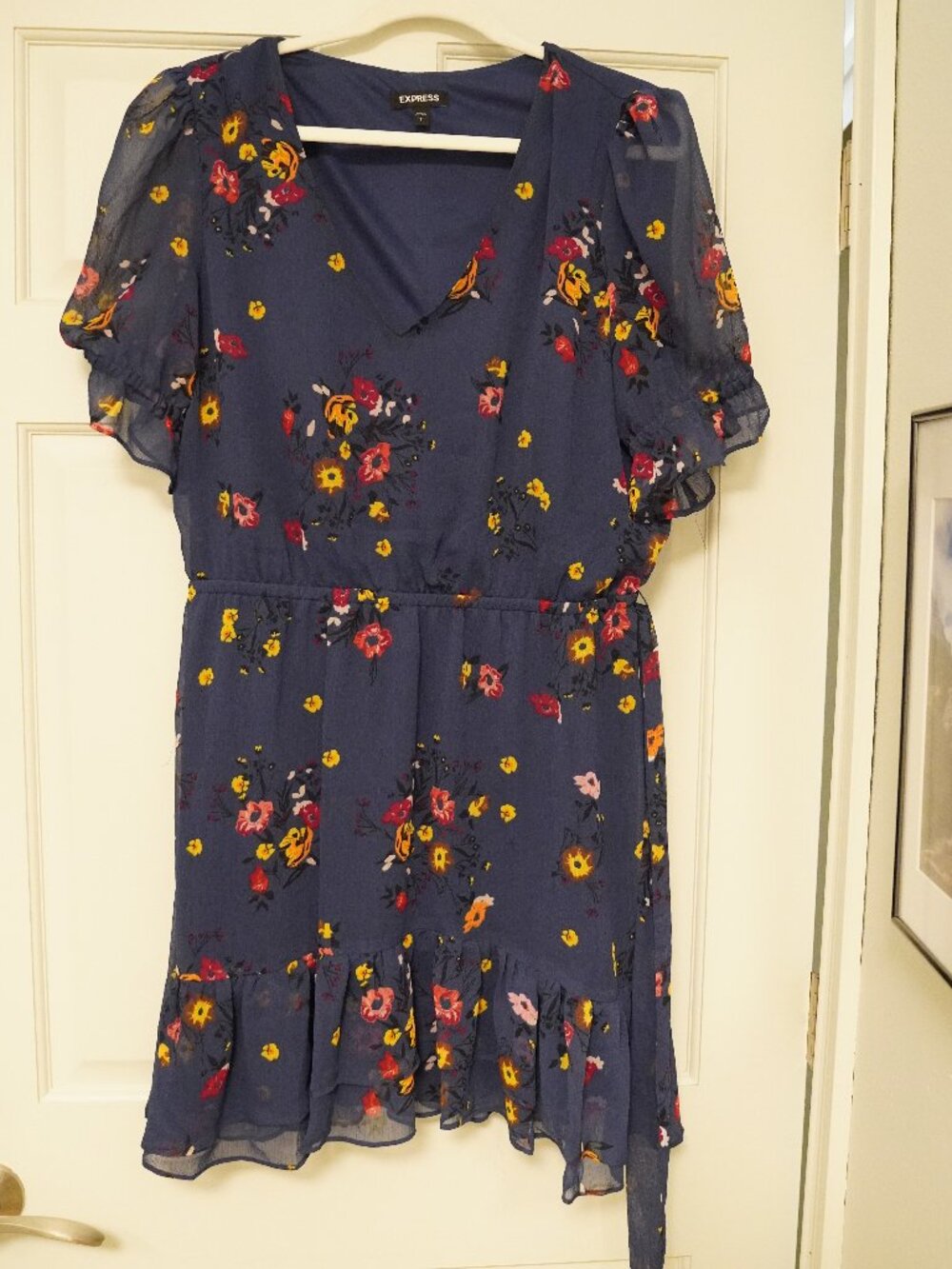 Express Navy Floral Chiffon Ruffle Dress Size L